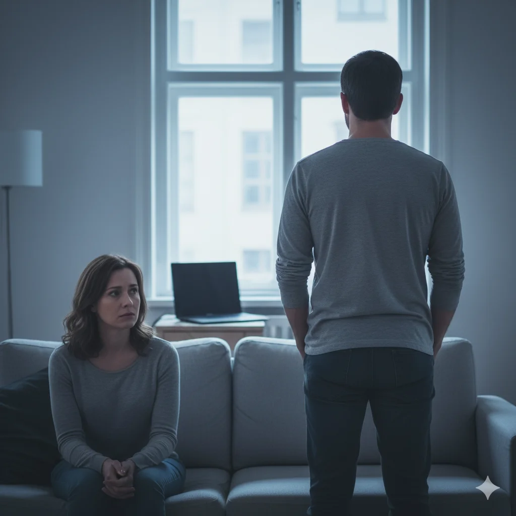 A distant man looking out a window, symbolically creating emotional distance from a woman nearby.
