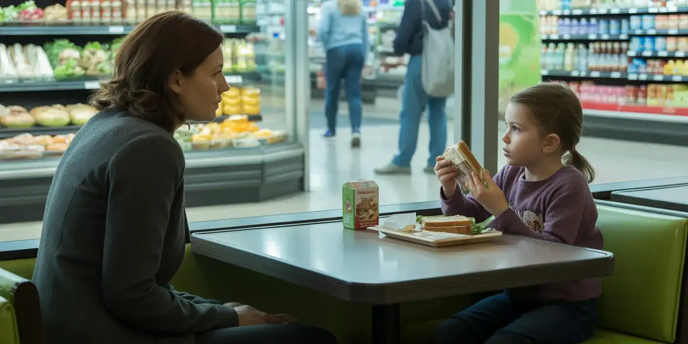 Margaret sitting across a table from Melissa, who is eating a sandwich with an unsettlingly serious expression