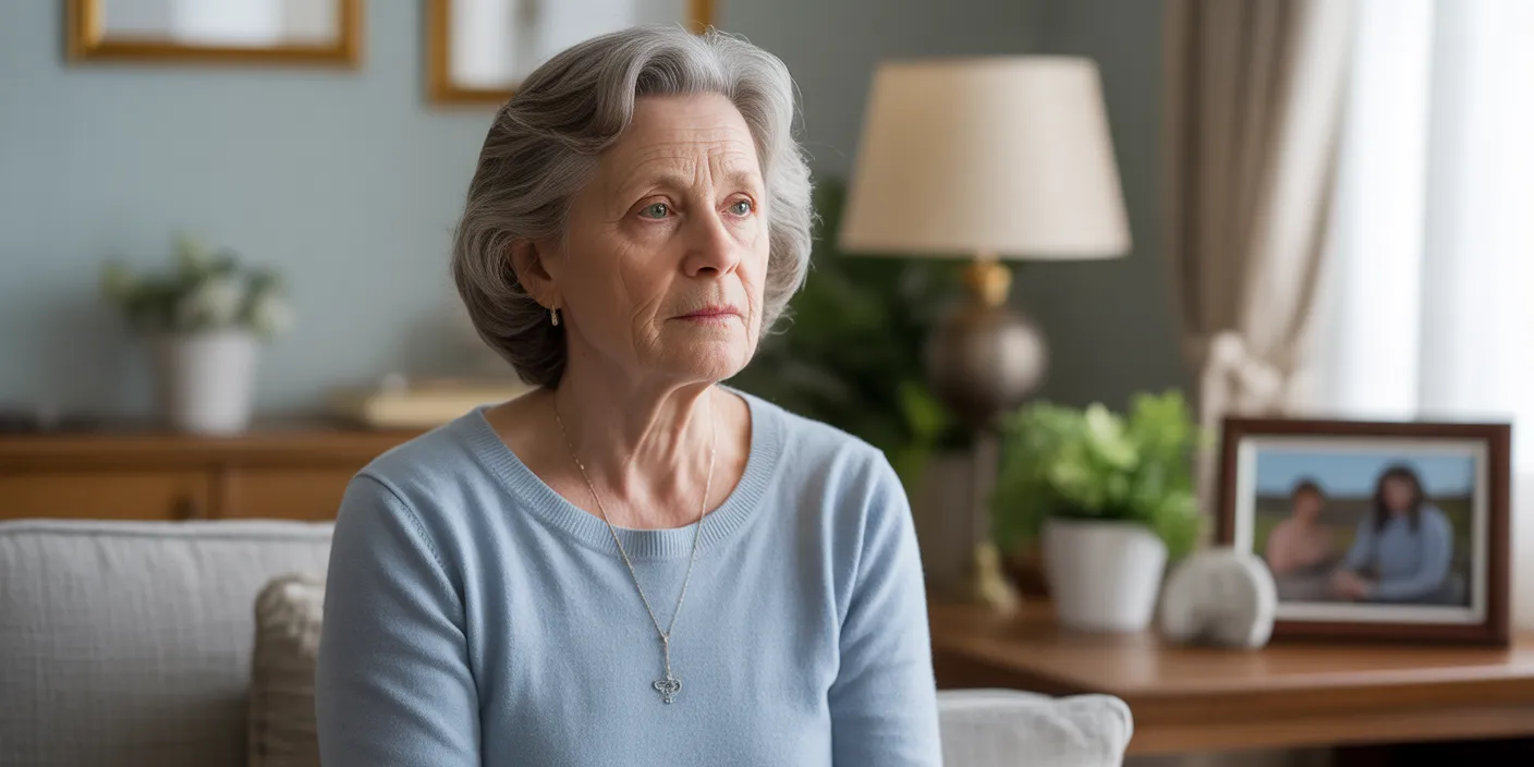 Older woman sitting alone in a quiet, nicely organized but empty living room
