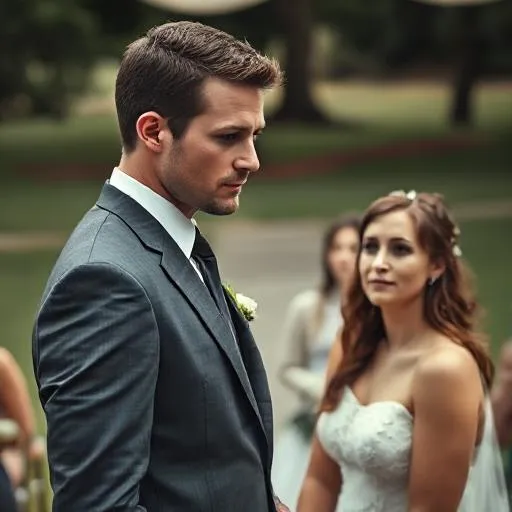 Groom Matthew standing between the sisters, facing the shocked bride with firm disappointment