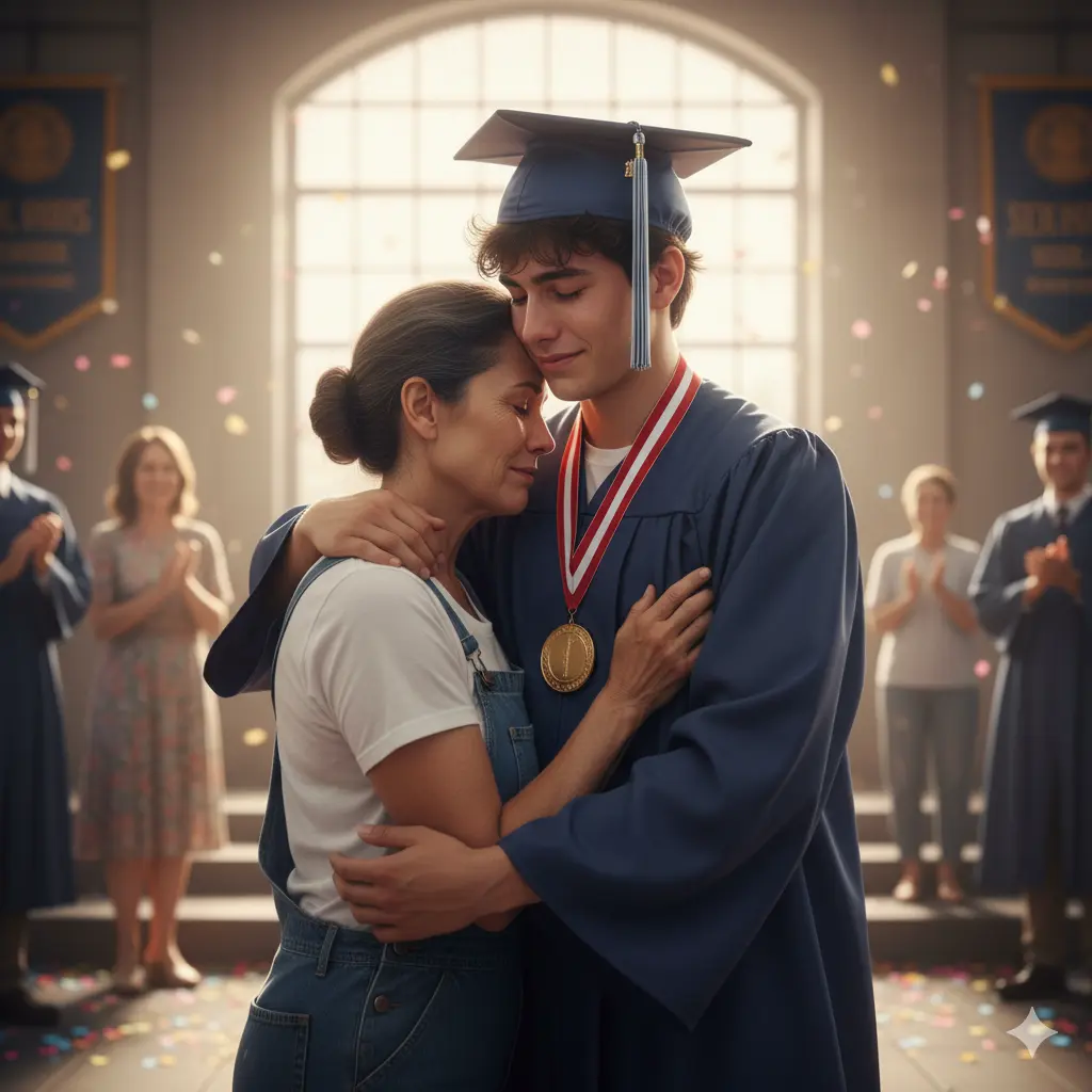 A graduate, Miguel, placing a medal around his mother's neck as they share a tearful, loving hug after the ceremony.