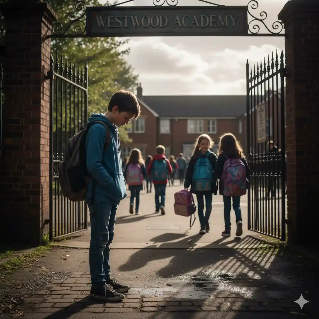 A young boy, Miguel, in simple clothes, looking down sadly while standing near a school building, symbolizing his isolation and humiliation.