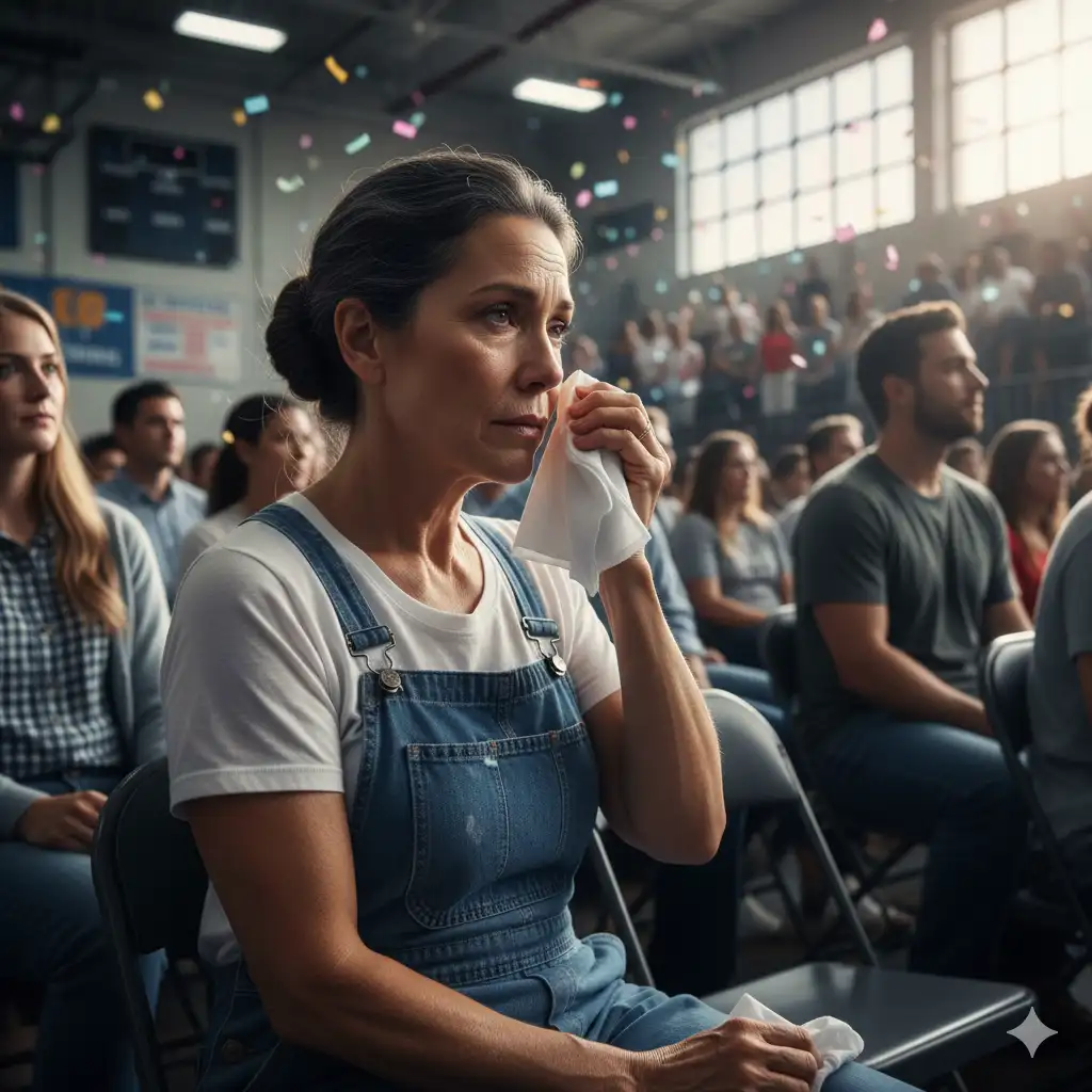 A proud, tearful mother in simple, worn clothes is sitting in the back of a brightly lit graduation hall, watching her son on stage.