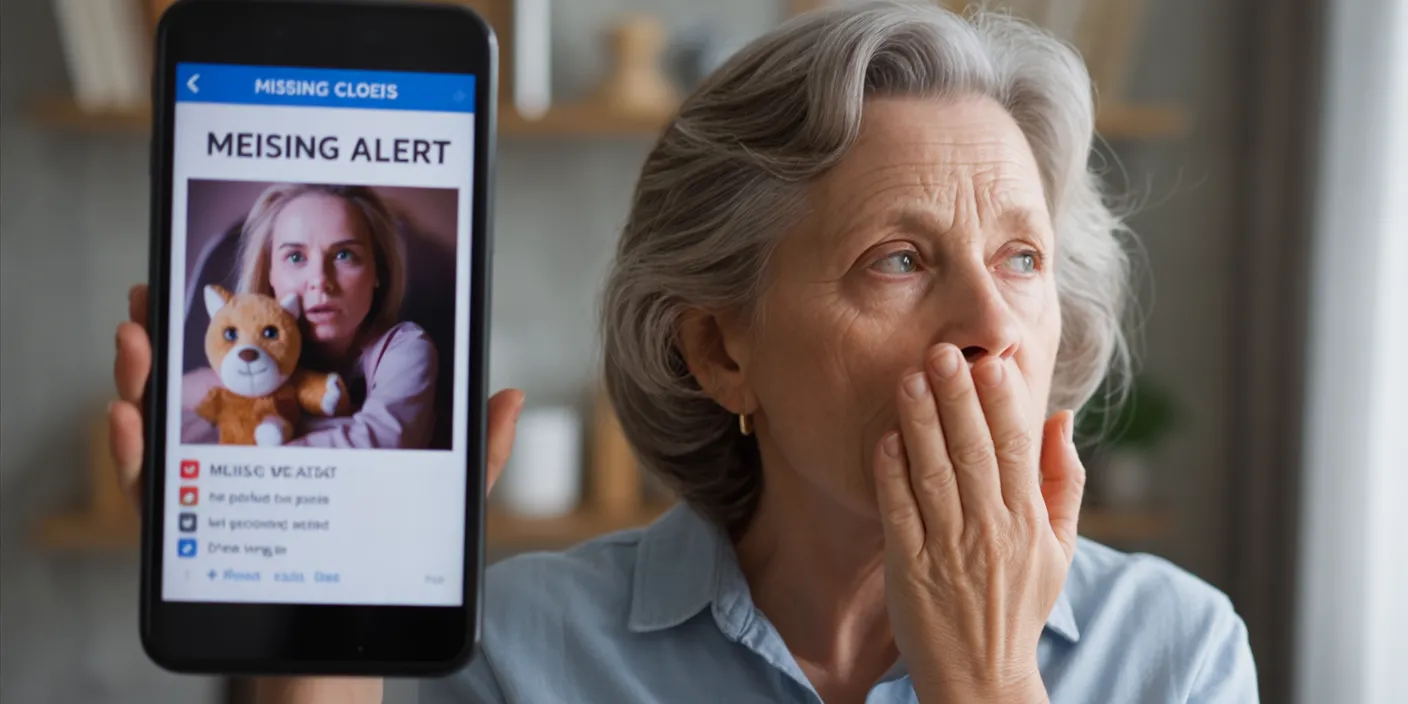 Margaret's hand covering her mouth in shock while looking at a Facebook missing child alert on her phone