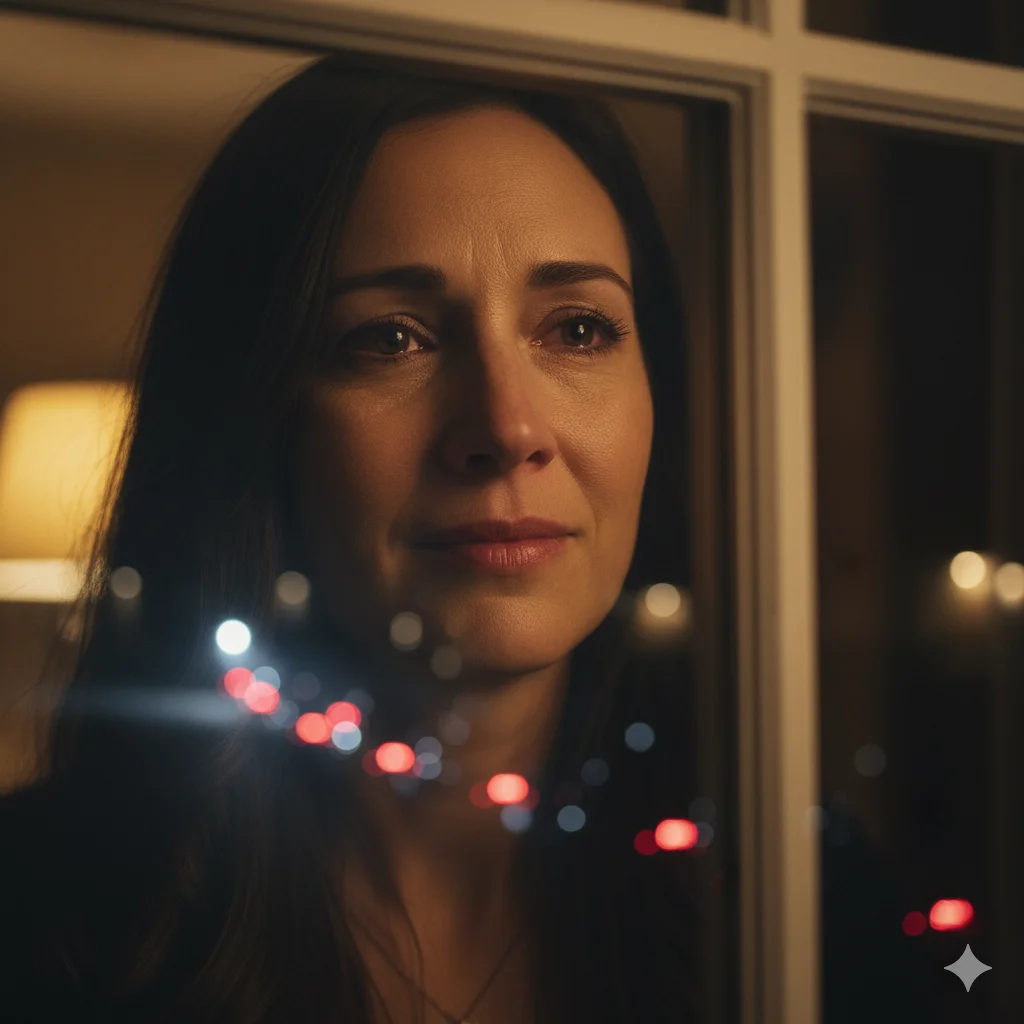 A mother looking out her window at the departing motorcyclists with an expression of gratitude.