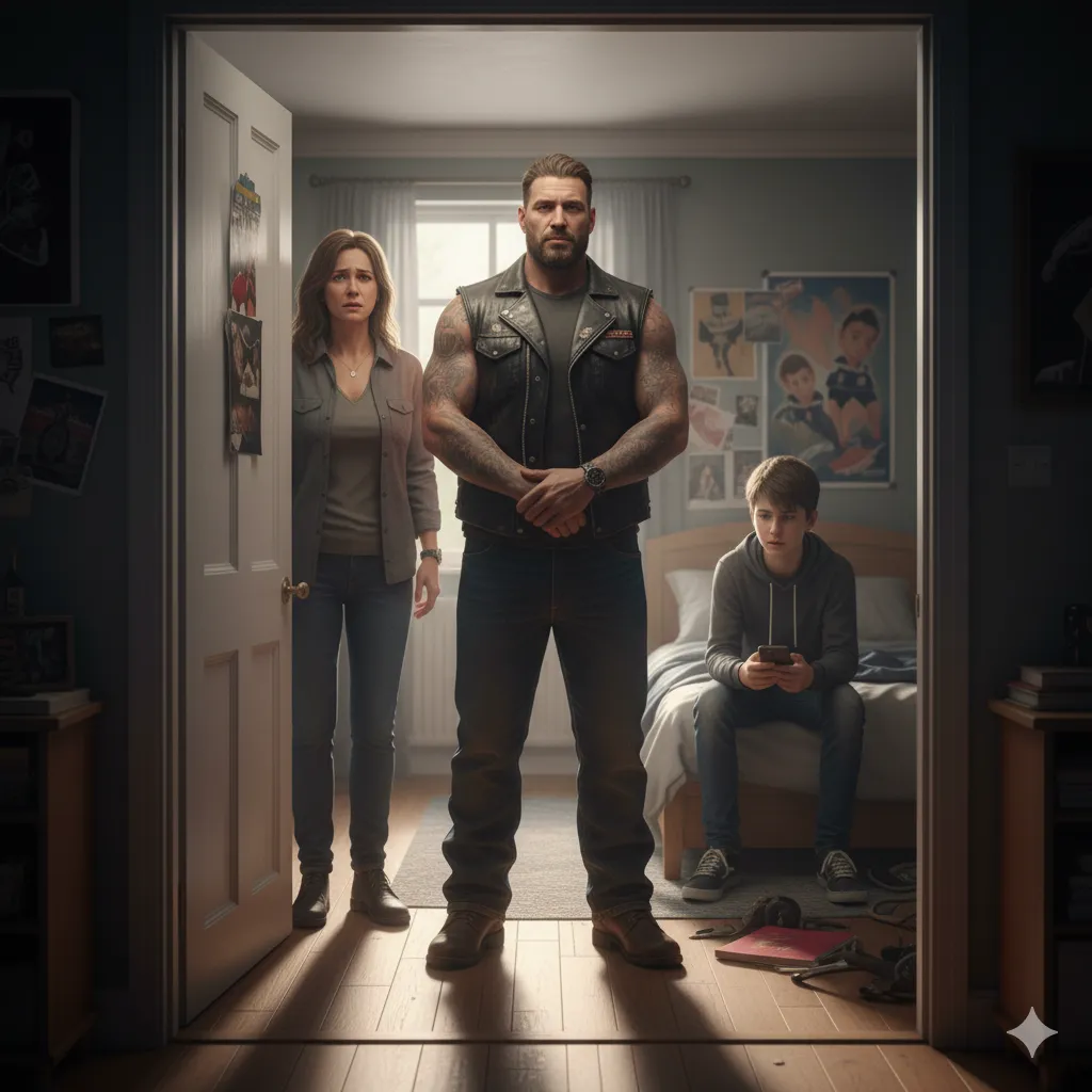 A mother and a biker standing gently at a teenager's bedroom door, showing calm intervention.
