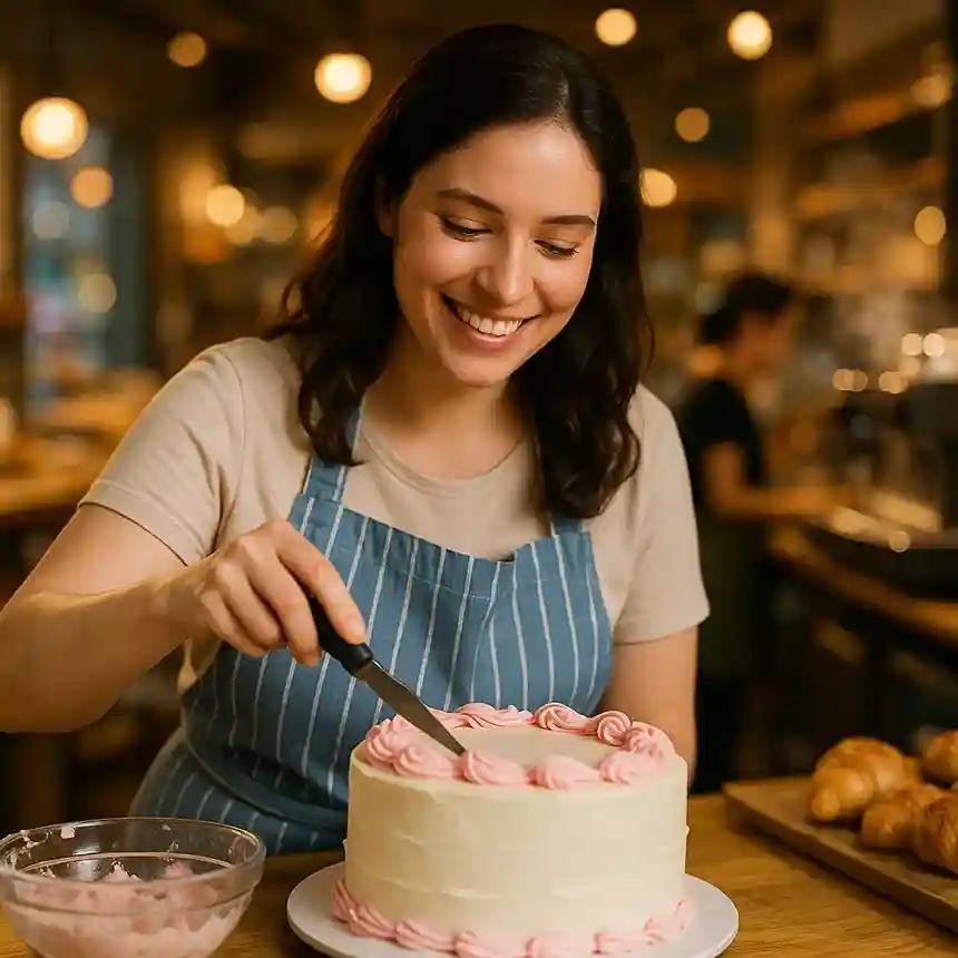 Nella Flourishes at the Bakery Nella happily decorating a cake in a warm, busy bakery, looking confident