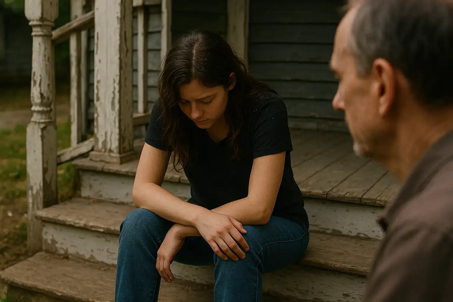 Nella's Despair Distraught young woman sitting on porch steps, looking lost, with glitter traces