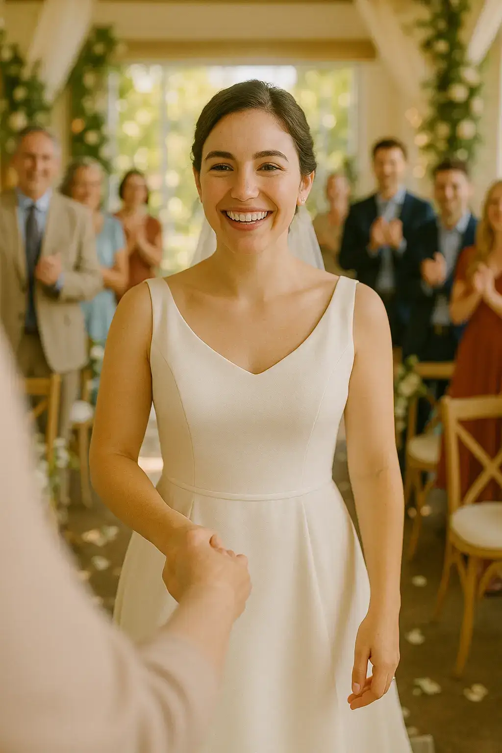 Nella's Wedding Day Nella, radiant and joyful in a wedding dress, being walked down a sunlit aisle