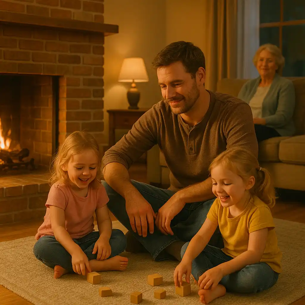Single father and his two daughters looking happy and content by a warm brick fireplace in a cozy living room.