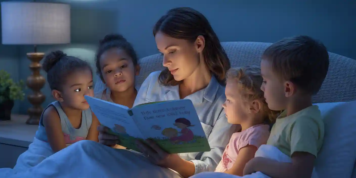 Mother reading a children's book to her four children in bed at night