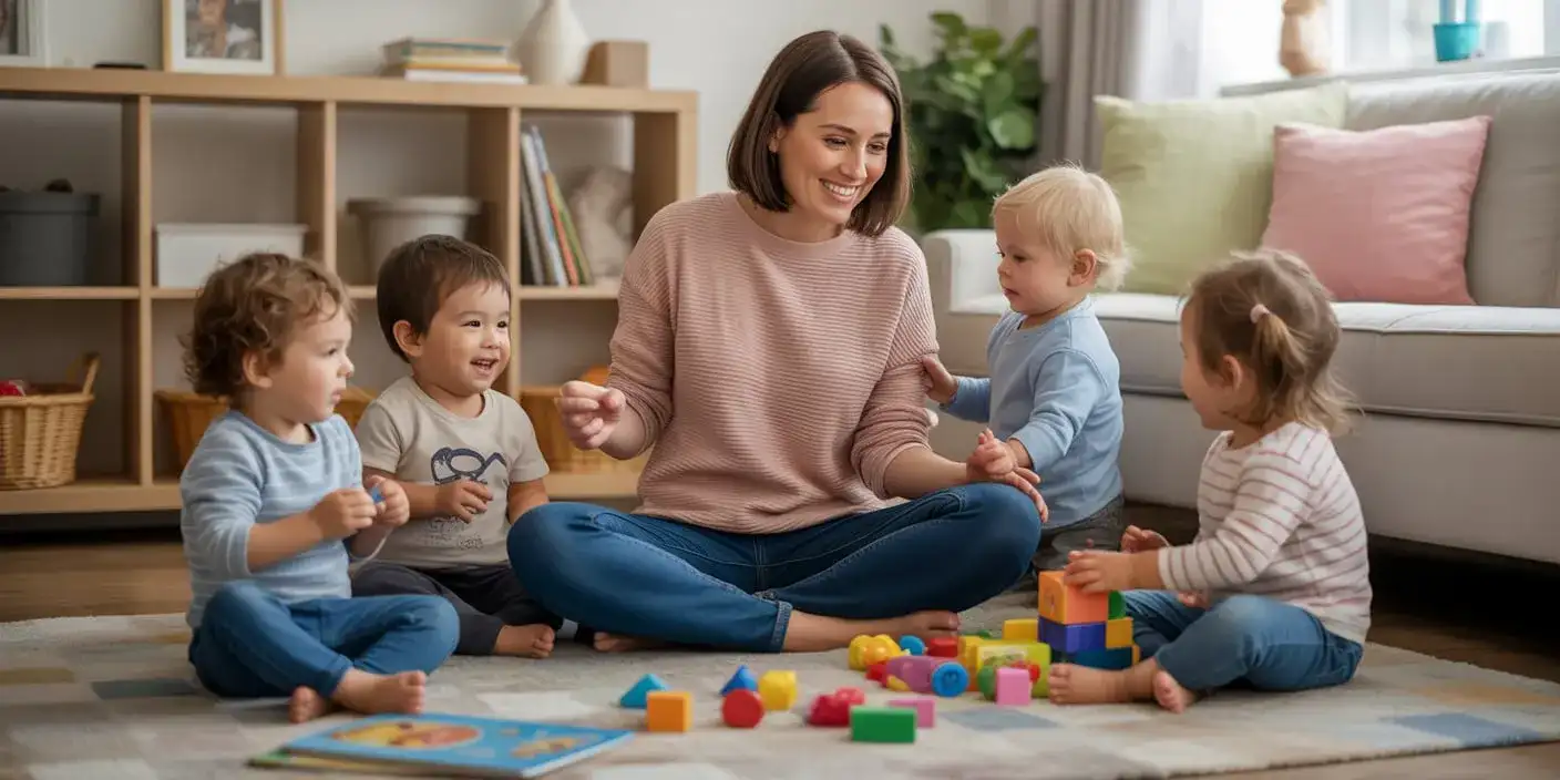 Woman sitting on the floor surrounded by four happy toddlers playing with blocks and books