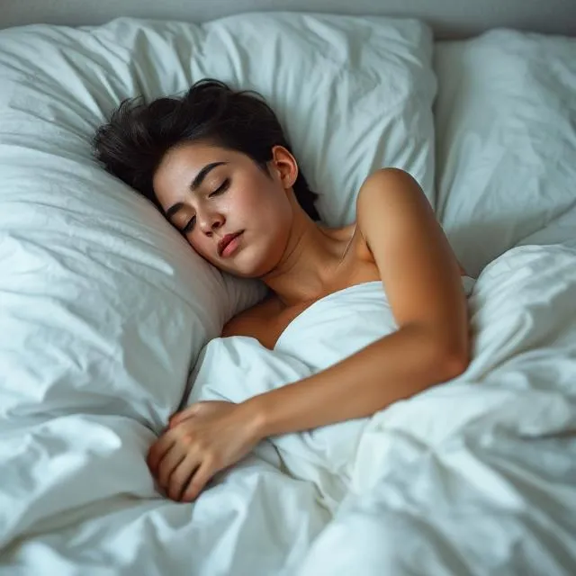 A person settling into a comfortable sleep position in bed with a look of relief