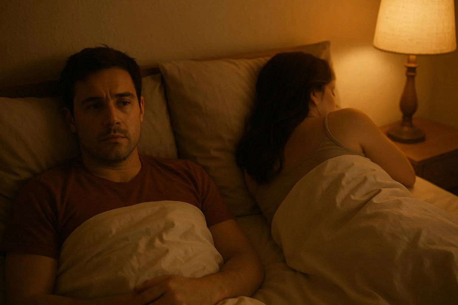 Couple in bed, one partner is turned away while the other looks thoughtful and concerned