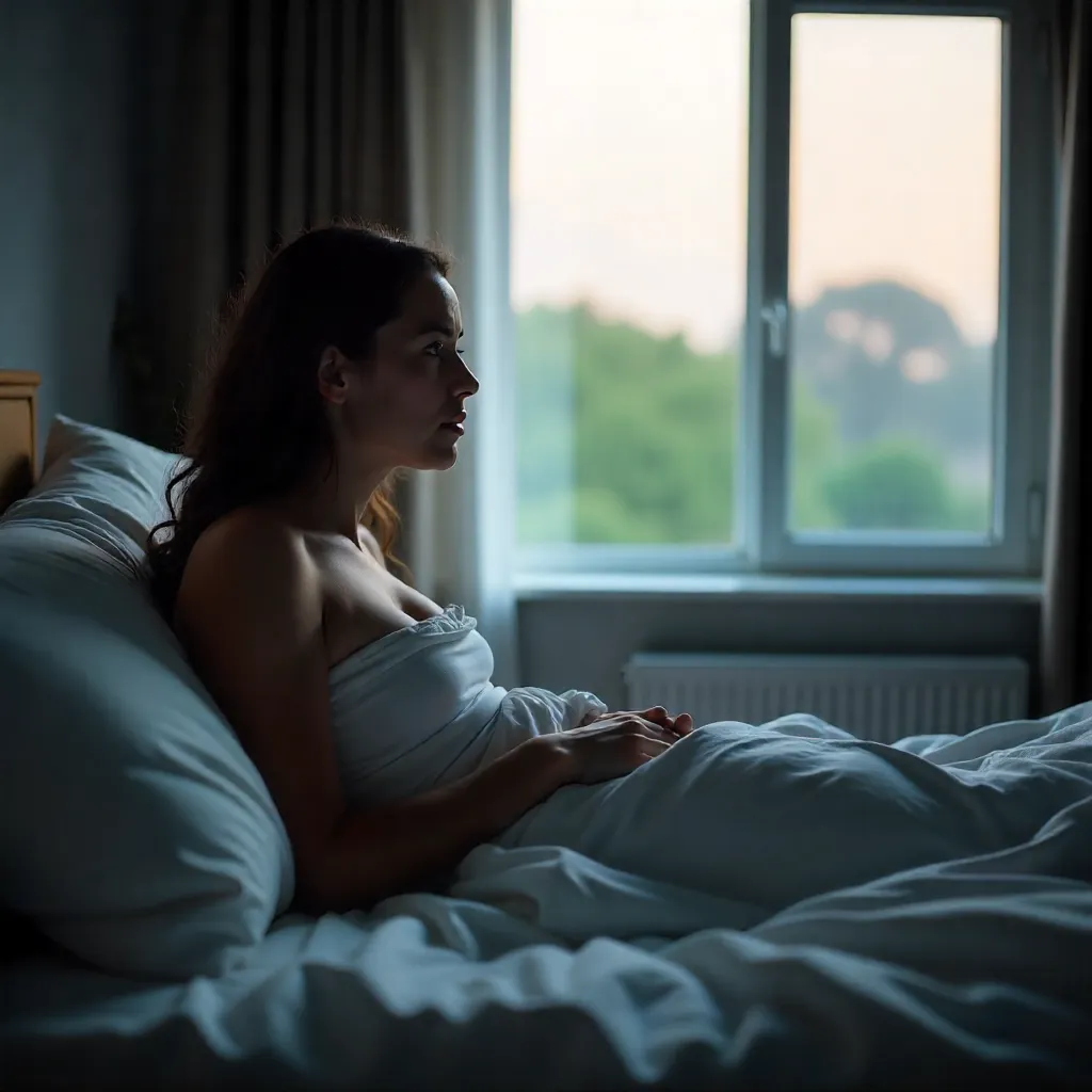 Partner sitting up in bed, looking pensive and thoughtful, regulating emotions
