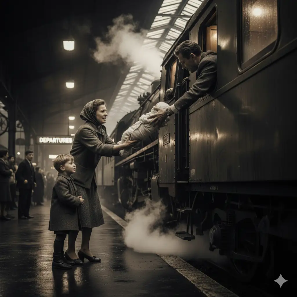 A somber, artistic depiction of a hand reaching through a train window to take a baby from a woman's arms, with another small child standing by her side on a train platform. The train is beginning to pull away, emphasizing separation.
