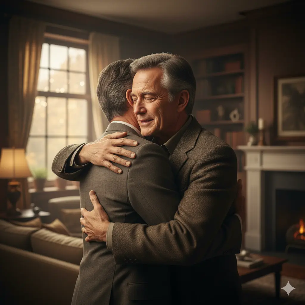 Two men, Peter and Trevor, in their late 50s/early 60s, embracing emotionally, perhaps with tears in their eyes, showing deep affection and relief. The setting should be warm and inviting, signifying a long-awaited reunion.