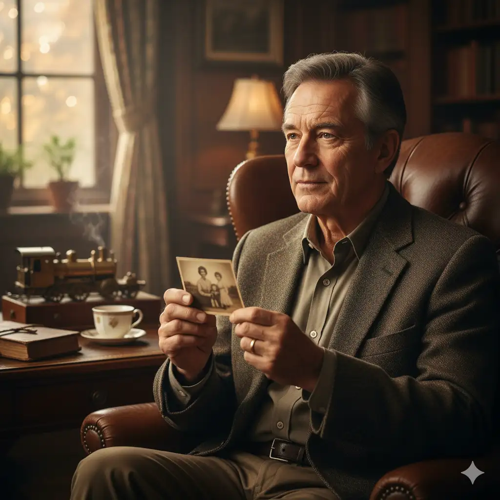 A portrait of Trevor, a man in his early 60s, looking thoughtful and slightly emotional, perhaps holding an old photograph or looking out a window. Emphasize warmth and a sense of longing fulfilled.
