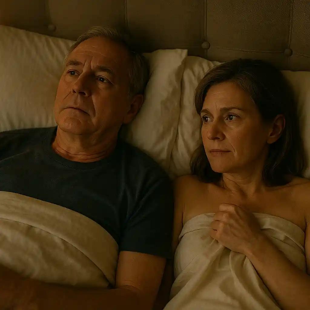 Richard and Eleanor lying in bed, Richard looking thoughtful with quiet resolve