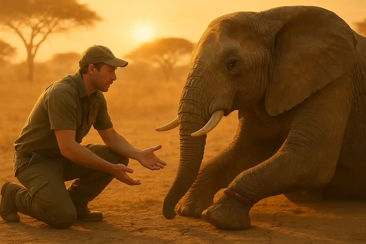 A wildlife ranger (Peter) kneeling down gently talking to a large, injured elephant to build trust.