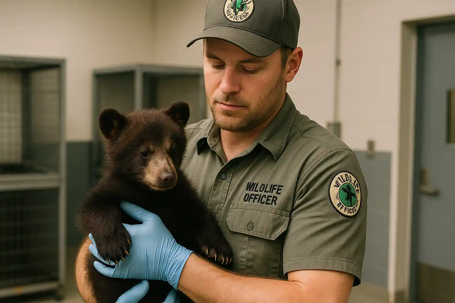 A small, healthy bear cub being cared for by a wildlife official at a rehabilitation center.