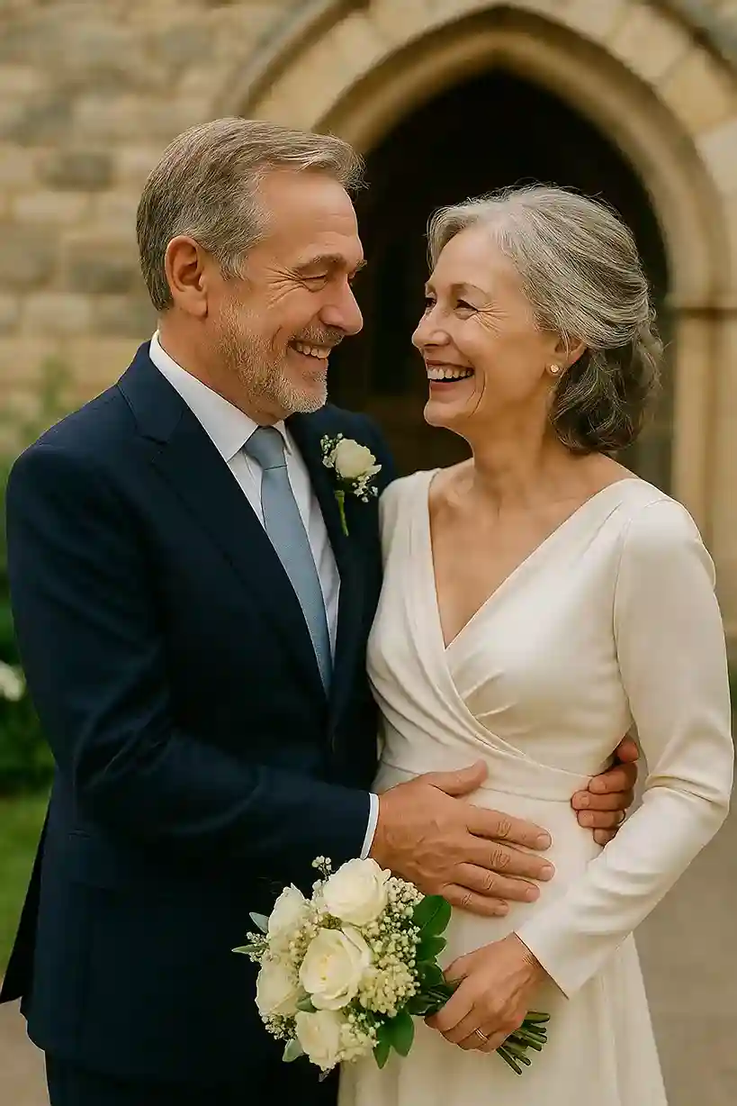 Elegant mature couple smiling on their wedding day in a navy suit and ivory silk dress