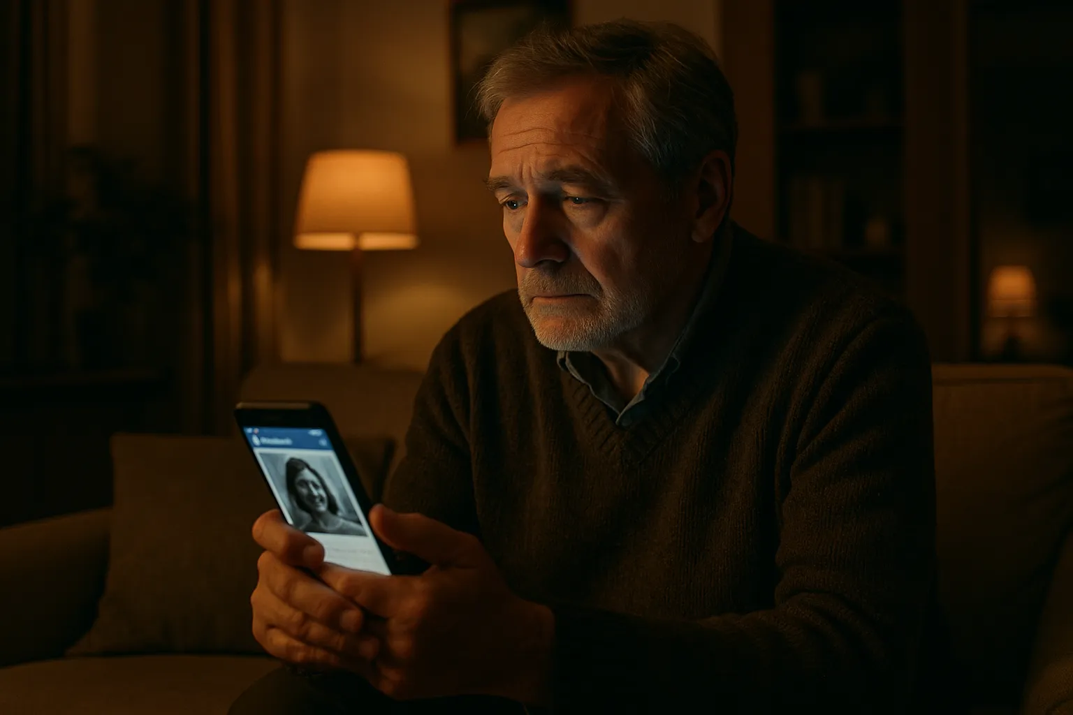 61-year-old man sitting alone, looking at his smartphone with a wistful expression