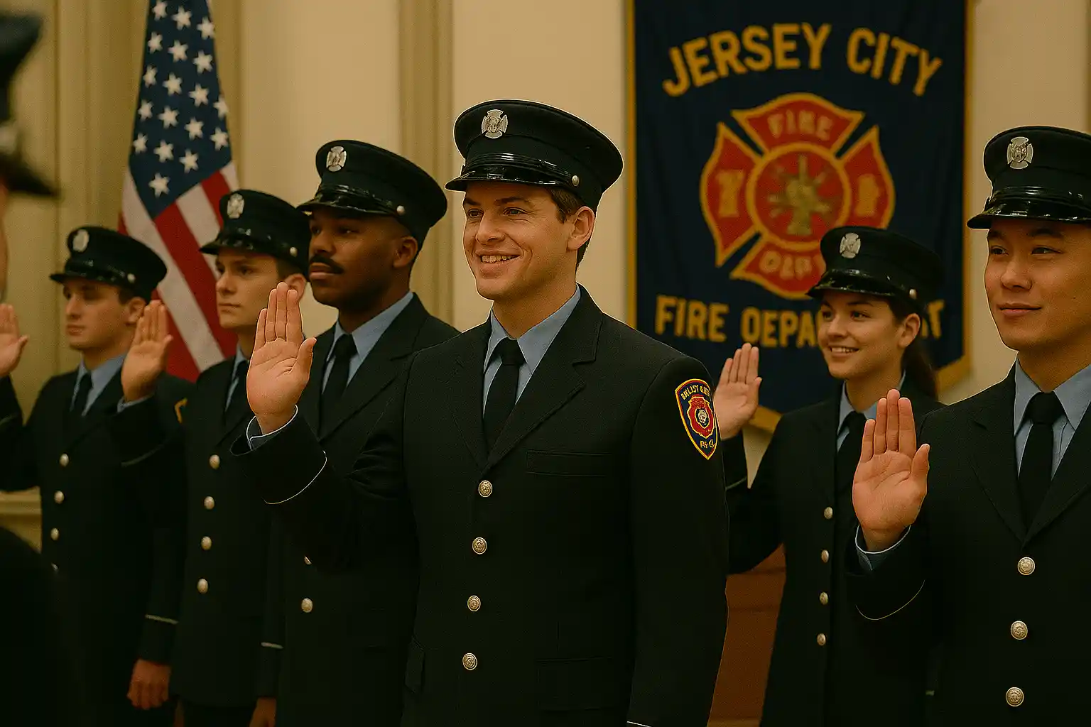 Sam Springsteen, in a firefighter uniform, being sworn in at a ceremony alongside other recruits.