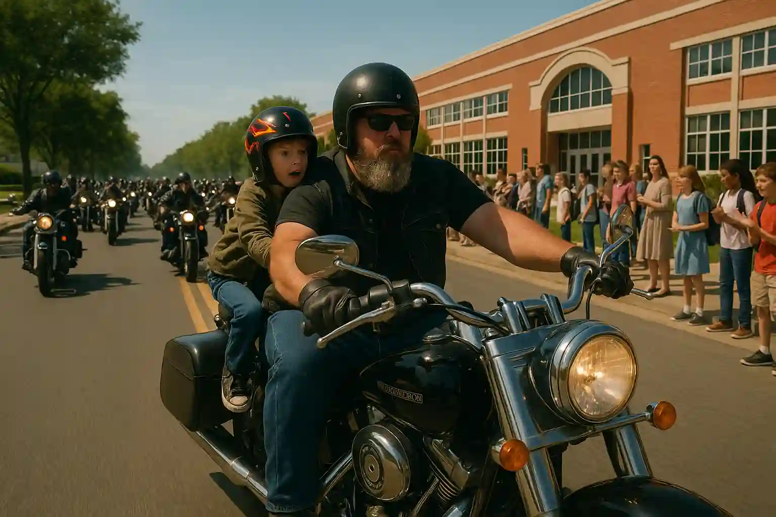 Little boy with a small helmet riding on the back of a large biker's motorcycle, surrounded by a large group of bikers at a school entrance.