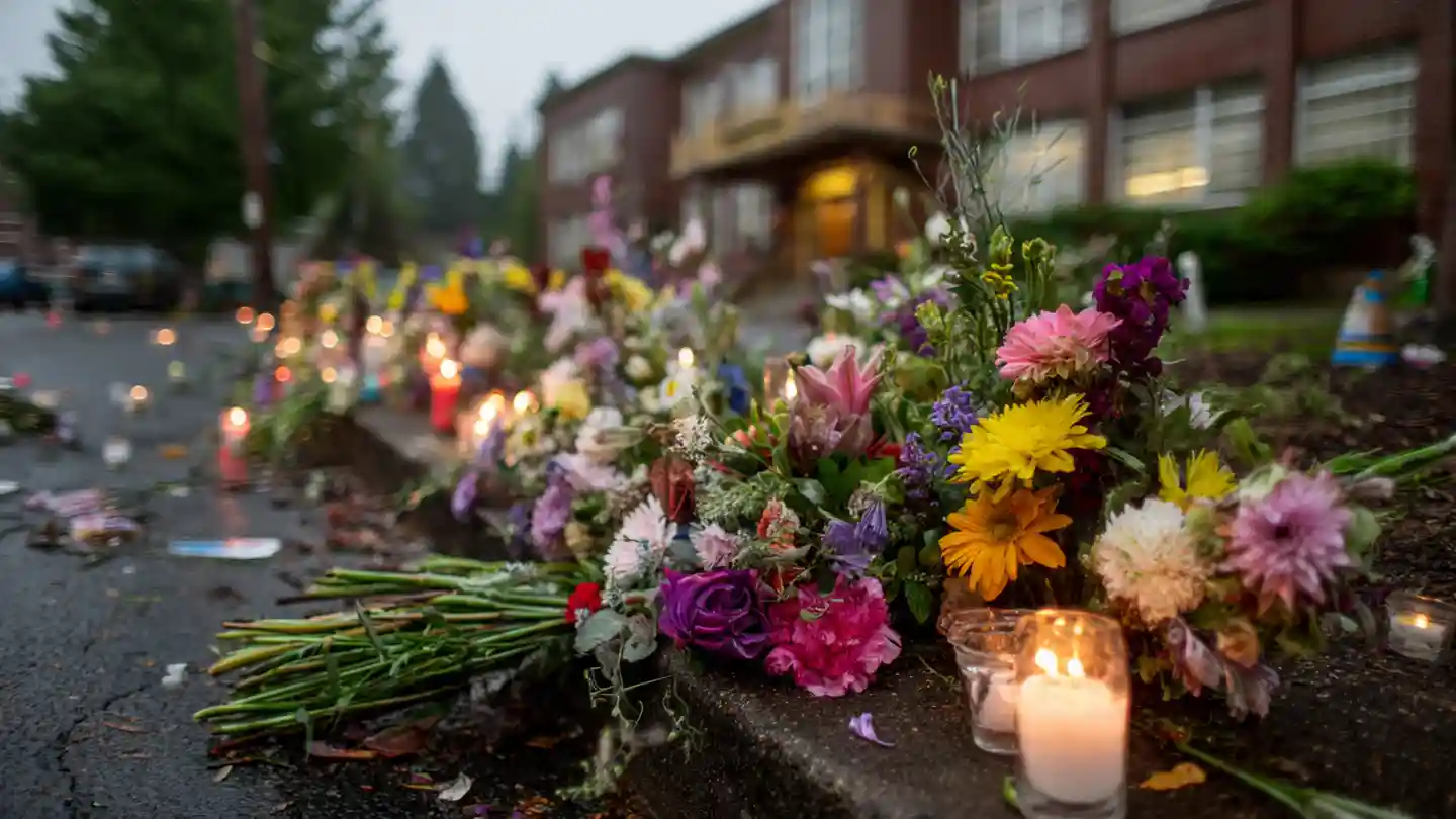 A somber memorial of flowers and candles outside a school, symbolizing the loss and trauma of a school shooting.