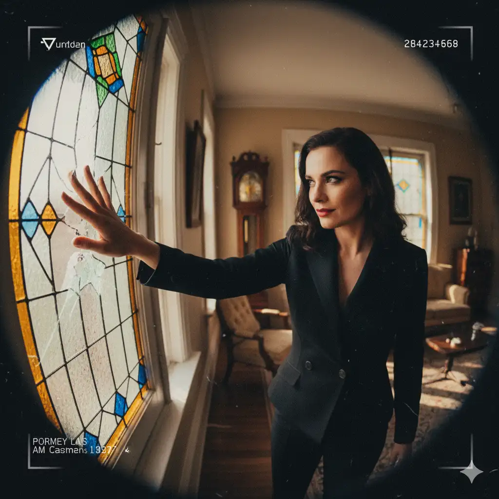 A grainy close-up of a security camera screen showing a woman (Carla) inside a living room, looking malicious or destructive.