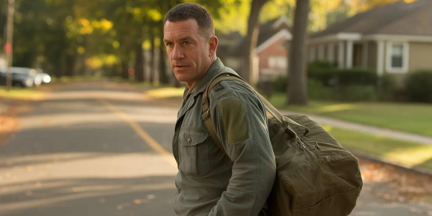 A soldier in a faded uniform stepping off a bus onto an autumn street