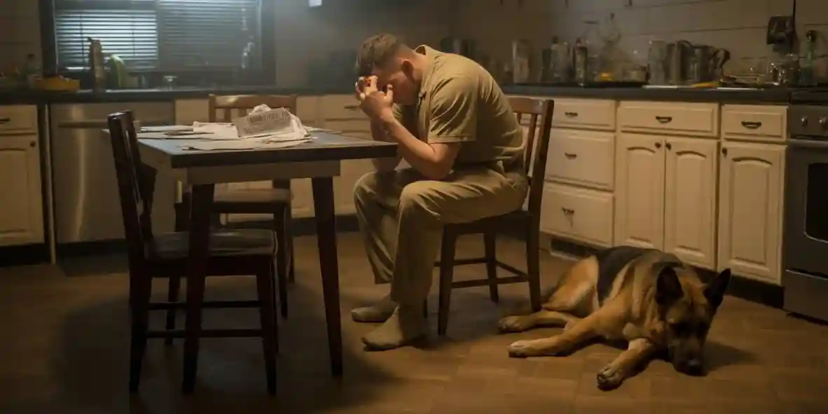 Soldier sitting alone at a messy kitchen table at night with his head bowed and a dog at his feet