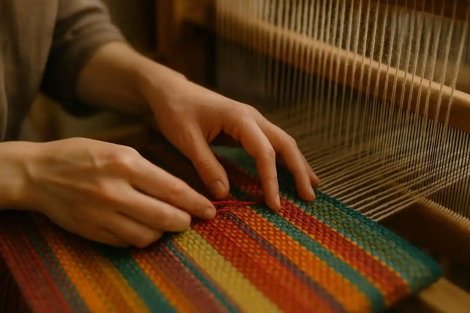 Artistry in Every Thread Close-up of Sophie's hands delicately weaving vibrant threads on a loom