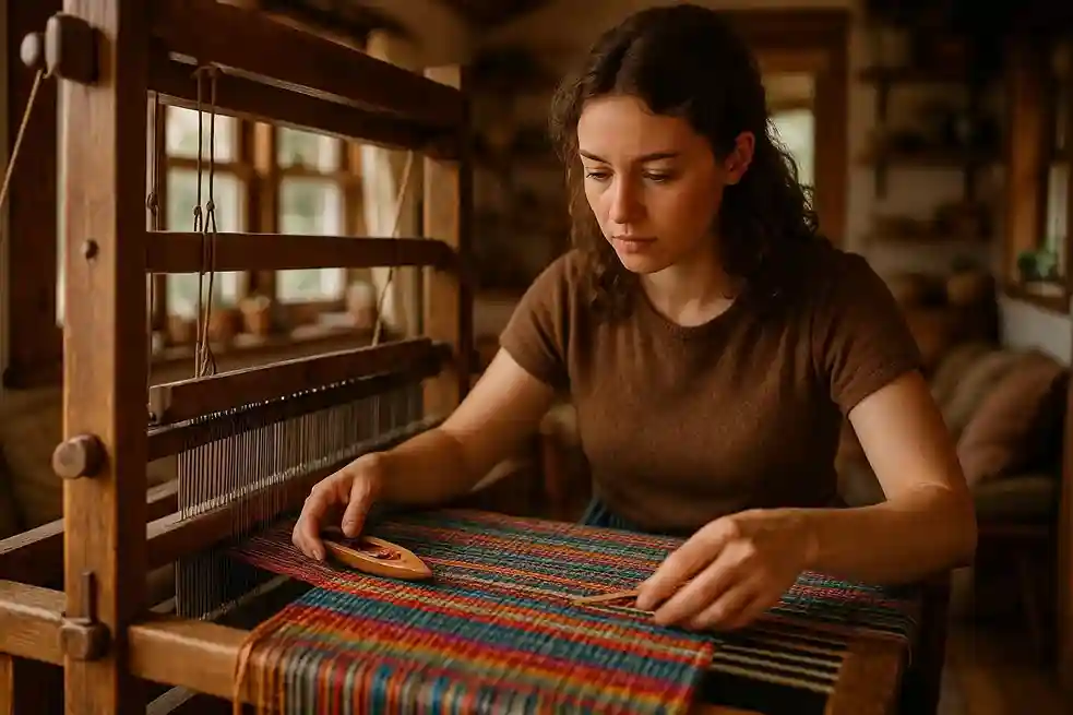 Sophie's Creative Workshop Sophie sitting at a vintage loom inside her tiny house, actively weaving a colorful textile