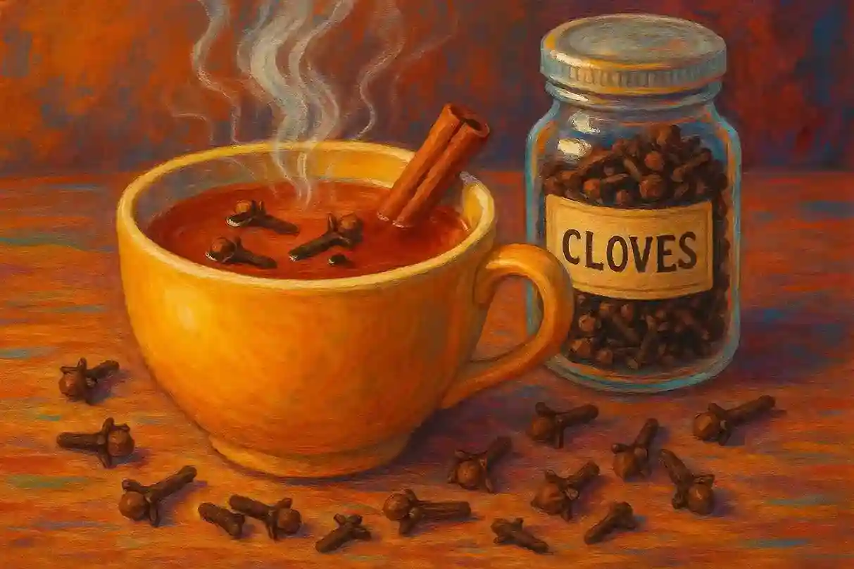 Steaming cup of clove tea with floating cloves and a cinnamon stick