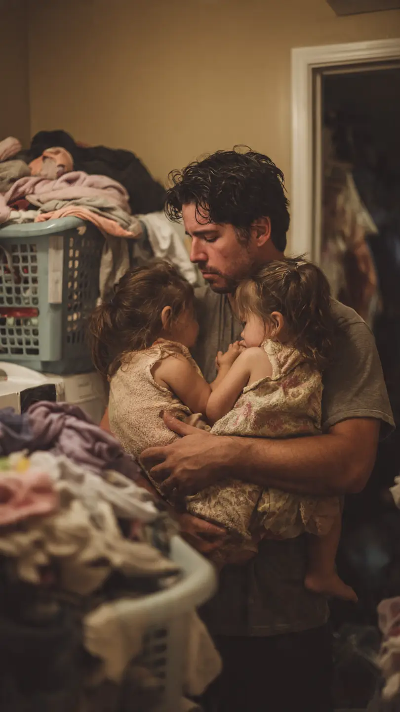 Single father looking tired but loving, holding his twin daughters surrounded by overflowing laundry baskets.