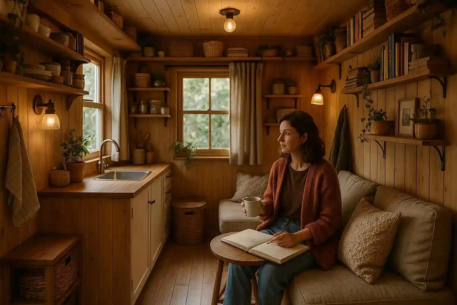 Ingenious Tiny House Interior Cozy, well-organized interior of a tiny house with natural light, showing clever design