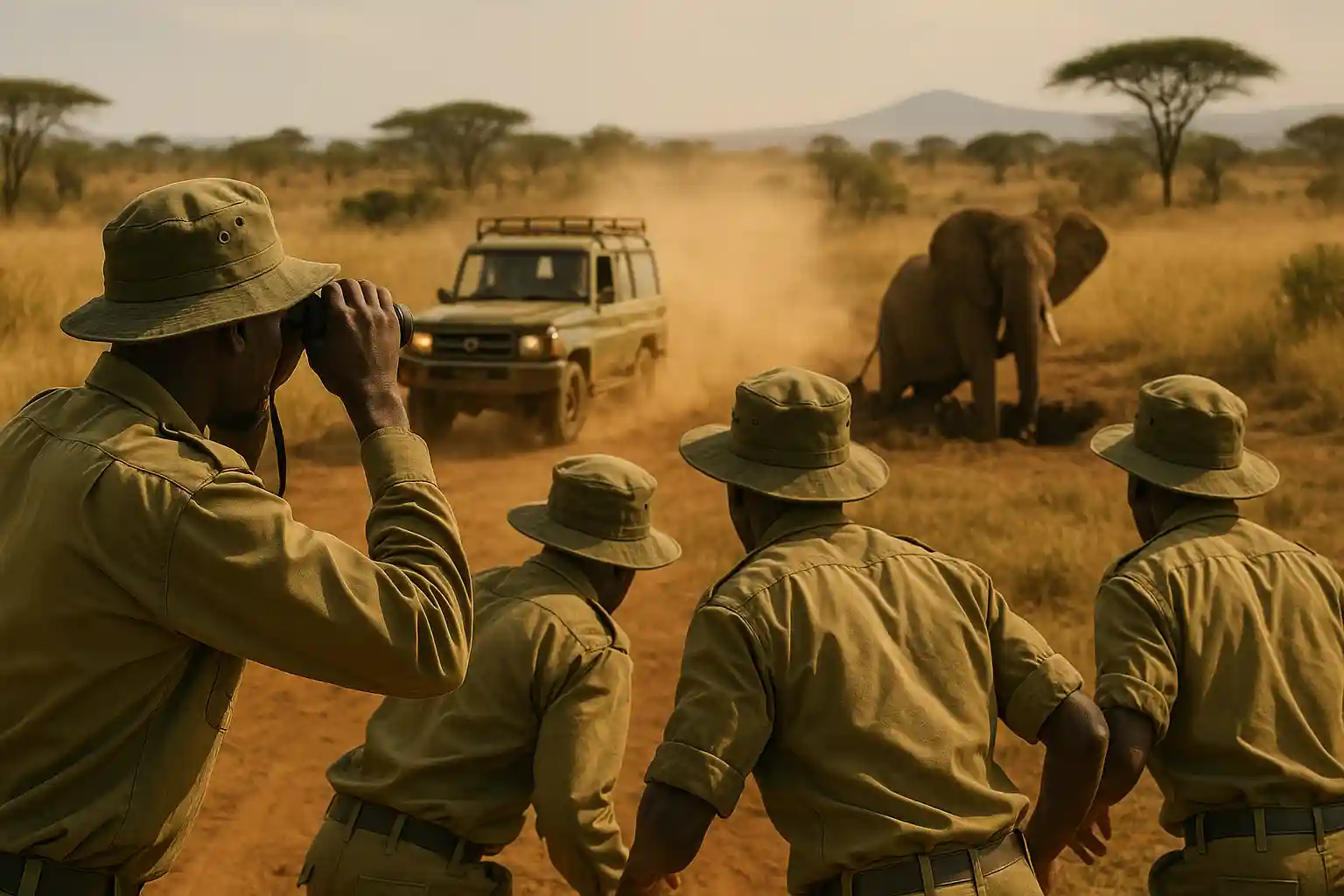 A weak, large African elephant lying trapped with a metal snare on its leg in a dry, cracked savannah landscape.