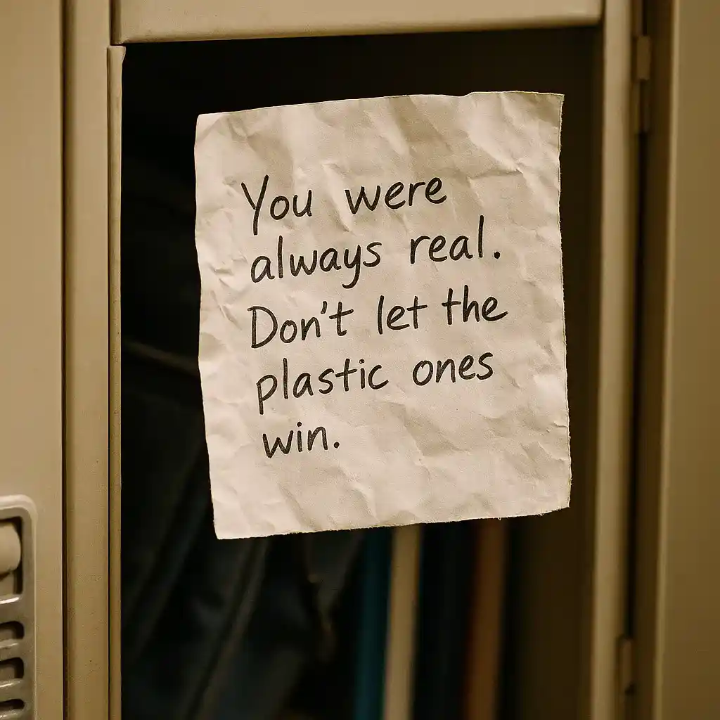 Validation Note Close-up of a folded note inside a locker: 'You were always real.'