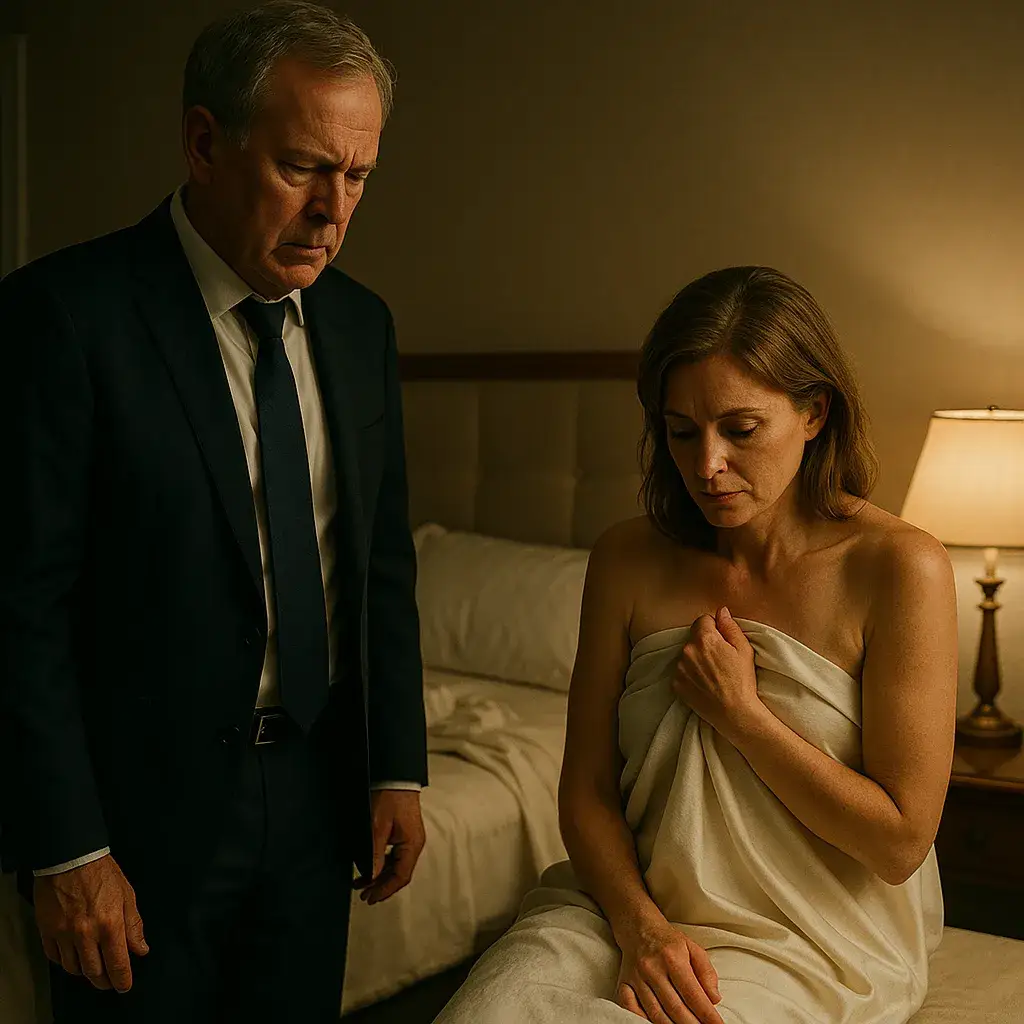 Richard looking shocked and Eleanor looking guilty on the edge of the bed