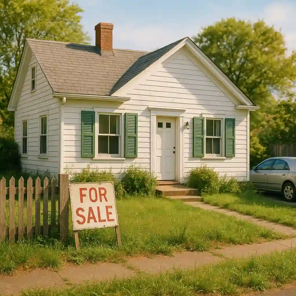 Small white house with green shutters and a faded 'For Sale' sign, looking charming and full of potential.