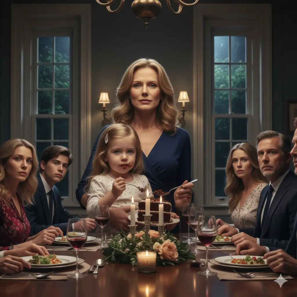 A woman (Claire) sits alone at a candlelit dining table after everyone has left, looking calm and reflective, symbolizing peace and the reclaiming of her life.