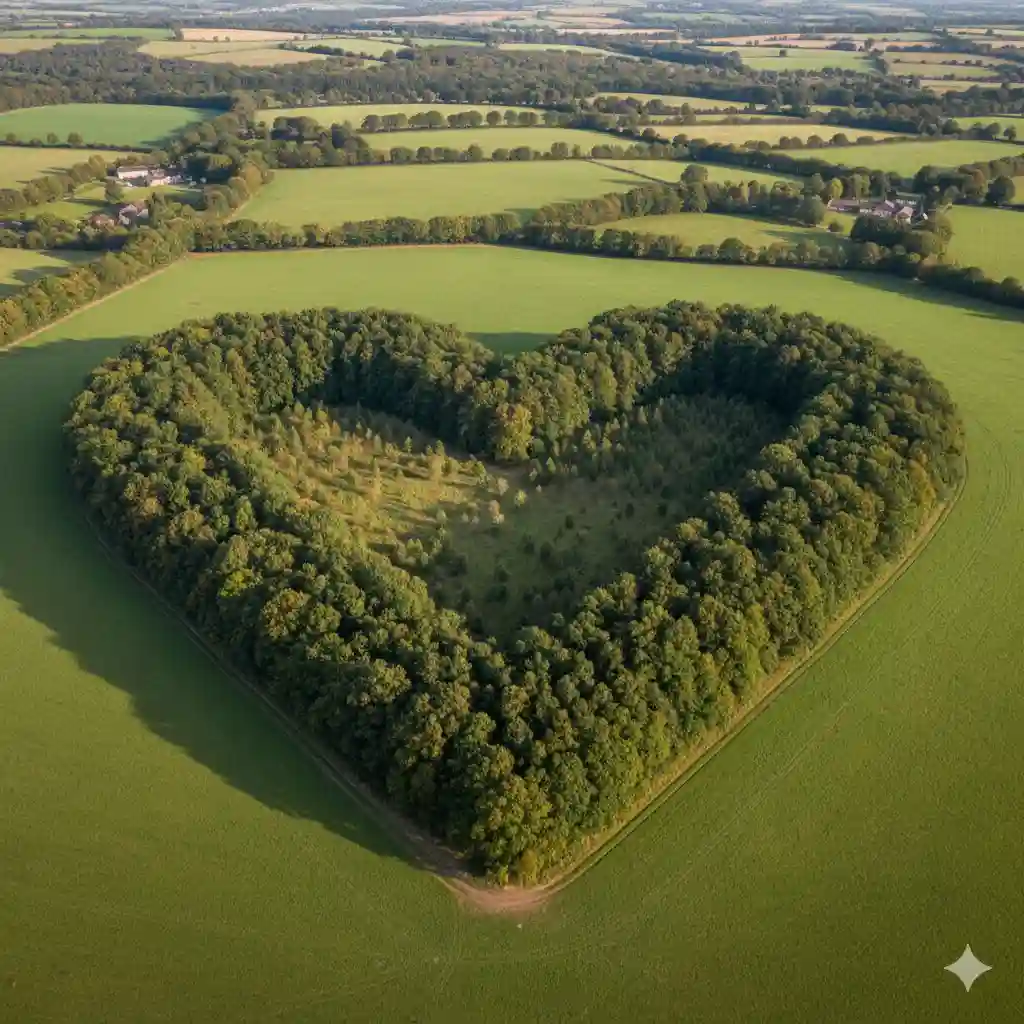 An aerial view of a forest grove of oak trees with a large, perfectly shaped heart clearing in the center.