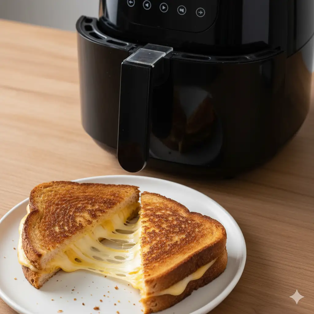 A perfectly golden, crispy grilled cheese sandwich cut diagonally, showing melted, gooey cheese, sitting next to an air fryer.