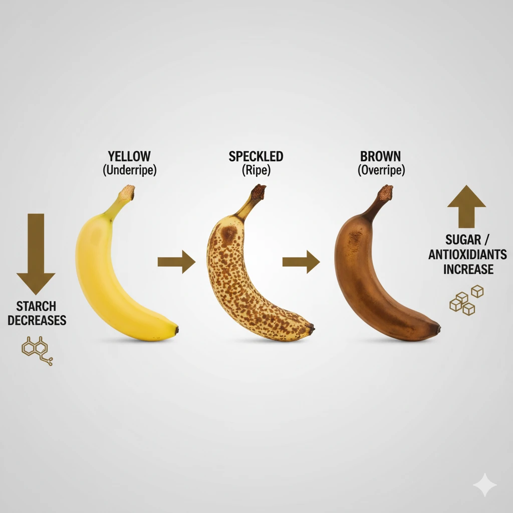 A graphic chart illustrating the nutritional changes as a banana ripens from green to heavily spotted.