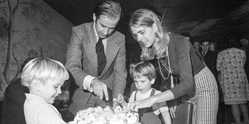 A loving historical family portrait of Joe and Neilia Biden with their three young children, Beau, Hunter, and Naomi