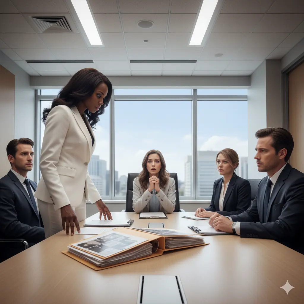A Black female CEO in a white suit standing commandingly at a boardroom table confronting a pale, stunned doctor and a group of hospital executives.