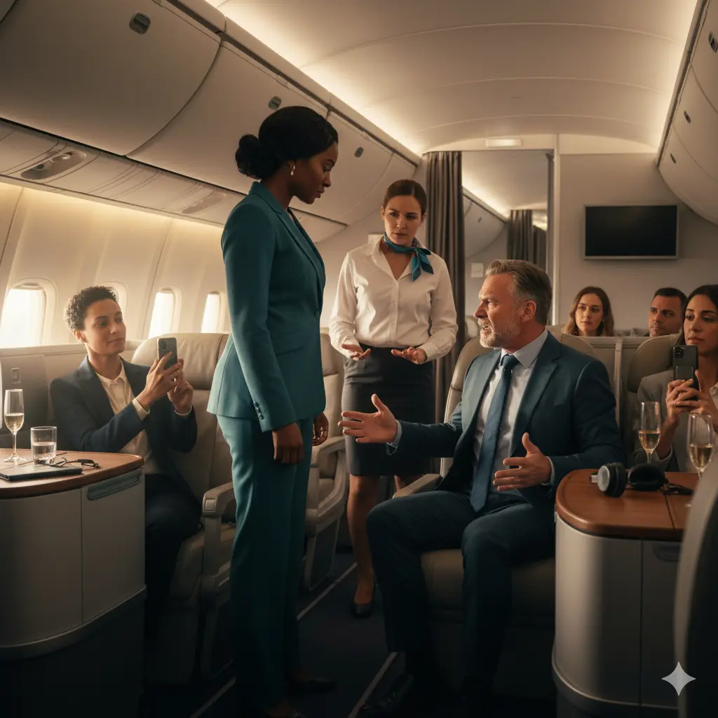 A tense scene inside a first-class cabin where a poised Black woman stands politely while a shouting white man occupies her seat, with a flight attendant and other passengers looking on.
