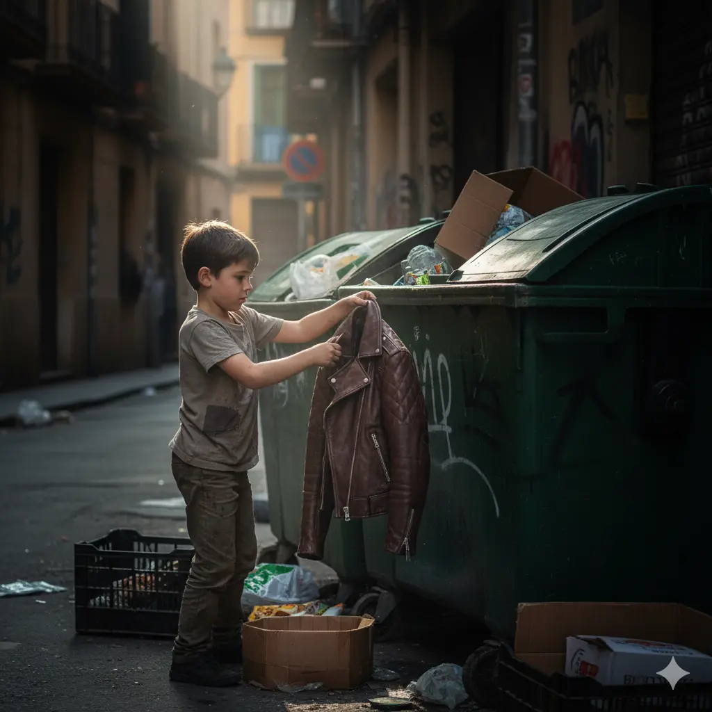 A young boy in worn clothes carefully picking up a high-quality, discarded leather jacket from a dumpster area.